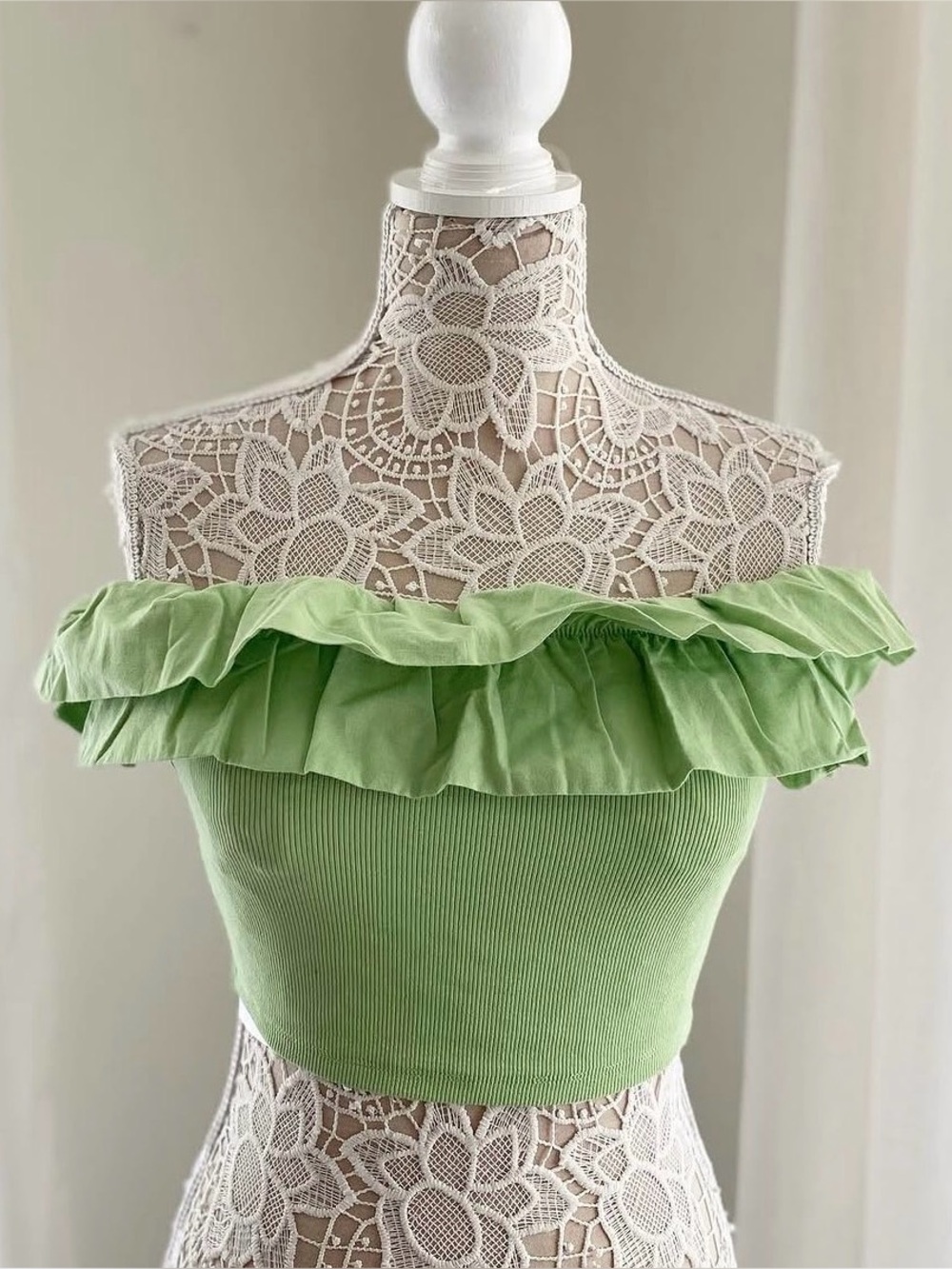 Green Ruffled Off-Shoulder Top